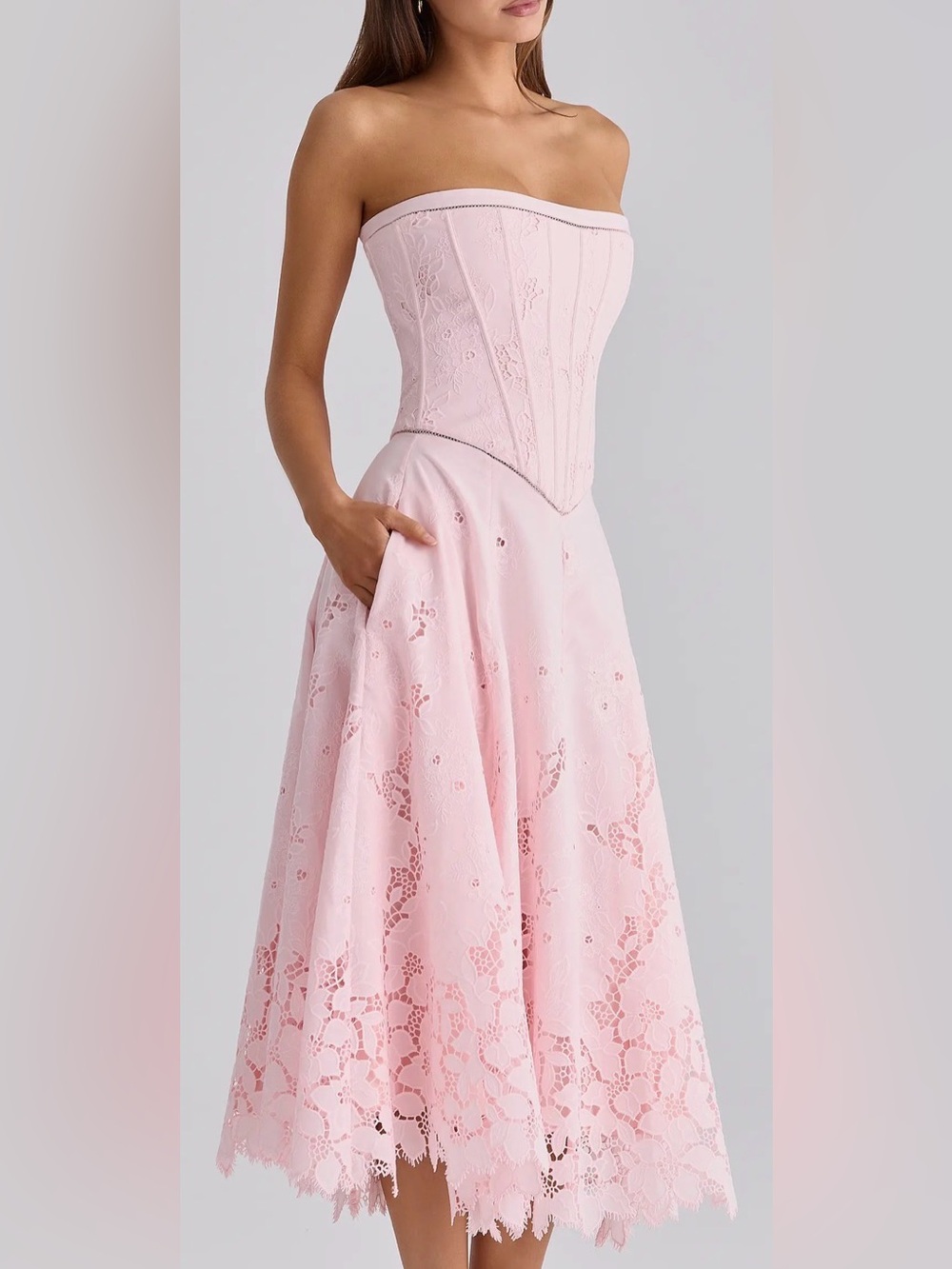NEW HOUSE OF CB Belissa Strapless Broderie Anglaise Midi Pink Dress sz XS - Picture 3 of 11